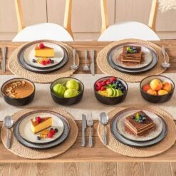 Series Amber 12-Piece Yellow And Black Stoneware Dinnerware Set Service For 4 Bowls And Plates Dining Set Tableware -Vancasso Shop yellow and black vancasso dinnerware sets vc amber y 12 d4 1000