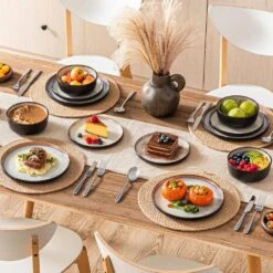 Series Amber 12-Piece Yellow And Black Stoneware Dinnerware Set Service For 4 Bowls And Plates Dining Set Tableware -Vancasso Shop yellow and black vancasso dinnerware sets vc amber y 12 fa 1000
